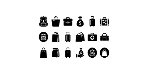 Black and white travel and luggage icons for tourism, vacation, and transportation themes. © Jpeg shop opened