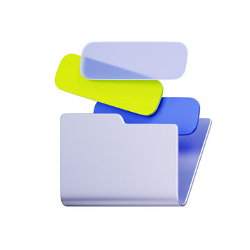 3D illustration of file folder with saved tabs and glass sheets for document management, digital archive, data organization, file storage, and business workflow.
