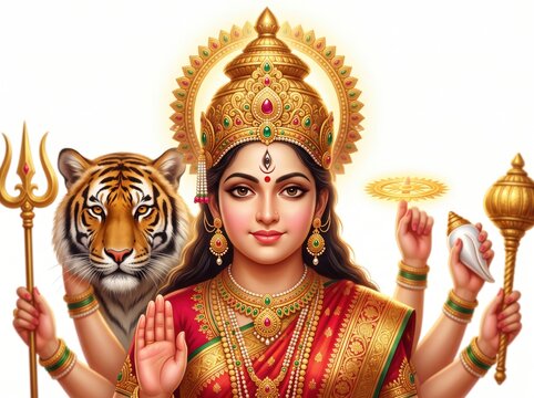 Goddess durga portrait with tiger and multiple arms holding a trident conch shell and mace wearing gold jewelry and a red sari against a white background