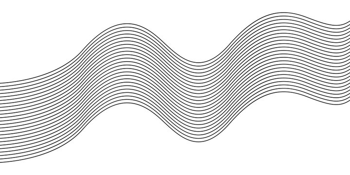 Black Curved Wave Lines Parallel Ribbon Pattern Isolated on Transparent Background