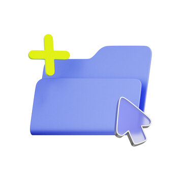 3D illustration of file folder with add plus sign and cursor for document creation, file management, new folder, data entry, and digital organization.