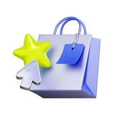 Naklejka na ściany i meble 3D illustration of shopping bag with star and price tag for favorite products, e-commerce wishlist, retail marketing, top rated items, and store promotion.