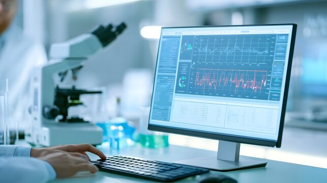 Scientist analyzes data on computer screen in modern laboratory with microscope and lab equipment visible