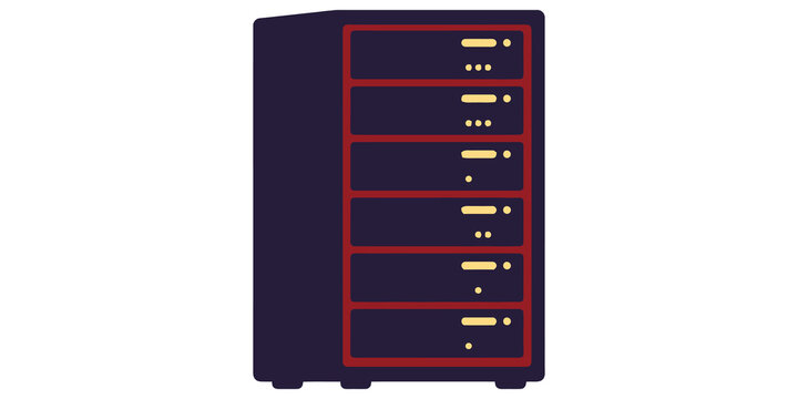 Dark purple server rack with red accents and illuminated yellow lights on transparent background.