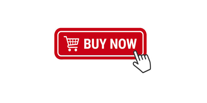 Vibrant red buy now button with a shopping cart icon and a clicking hand cursor for online purchases.