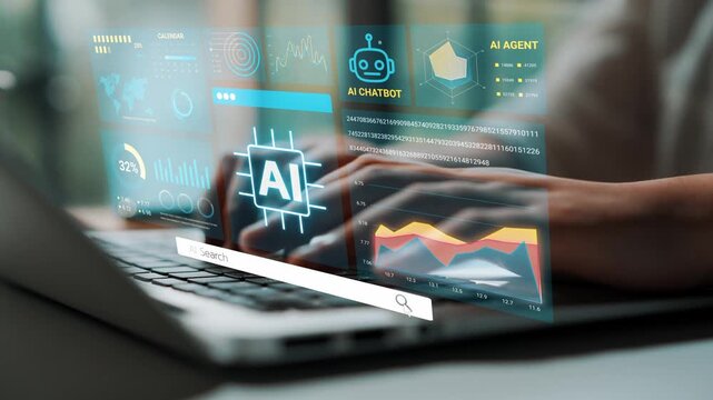 Futuristic interface displaying artificial intelligence concepts and data analytics on laptop screen enhancing productivity and decision-making processes. Entropy.
