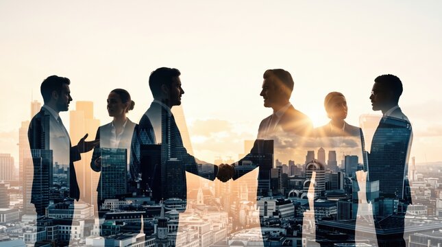 Silhouettes of business people shaking hands against a bright sunset urban skyline with double exposure city buildings and glowing golden light reflecting on the horizon