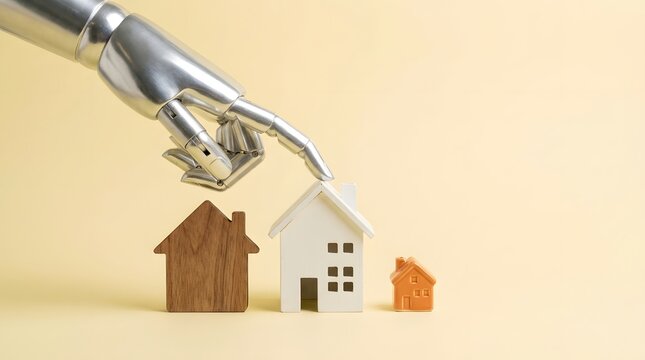 Robotic hand with metallic texture touching a white house model near wooden and clay miniature houses on a beige background, symbolizing artificial intelligence in real estate and smart home