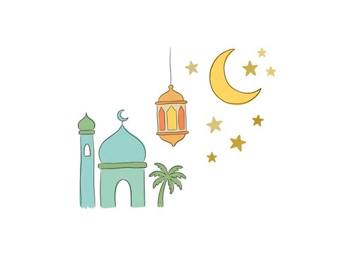 City mosque skyline silhouetted with hanging lanterns