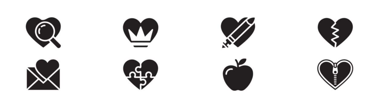 Conceptual heart icons featuring magnifying glass crown pencil puzzle and zipper elements for metaphoric design projects.