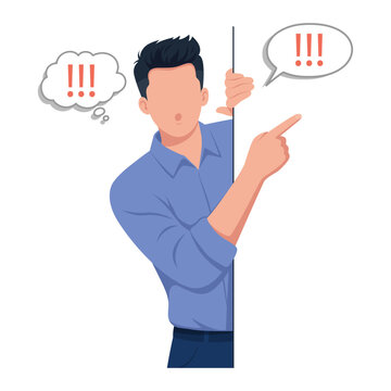 Shocked man peeking behind wall pointing hand at copy space with exclamation speech bubble. Excited guy presenting announcement banner template.