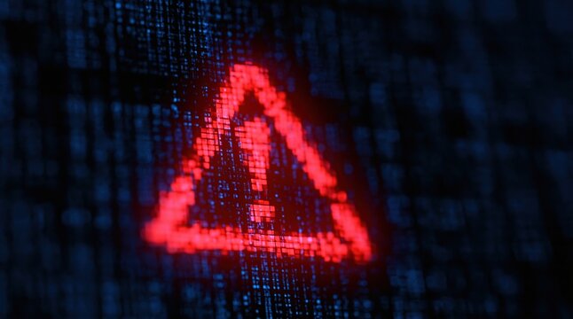 Warning hazard alert with digital binary code background representing a cyber security system error and data danger