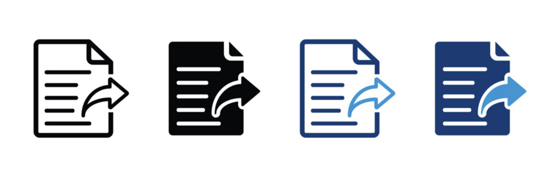 Document share and file export vector icon set in outline, solid and color styles for digital file transfer, online document sharing, data export, email attachment, messaging and UI UX design
