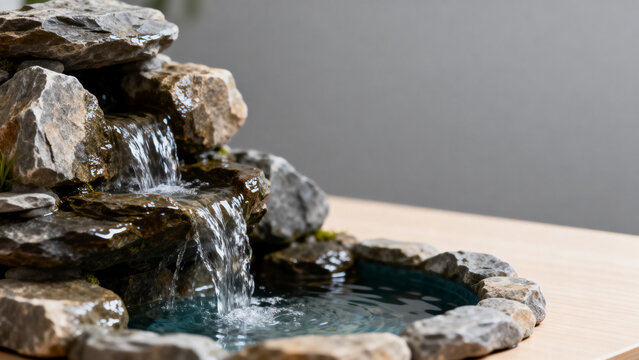 Miniature rocky waterfall into small pool on tabletop, calm water feature concept