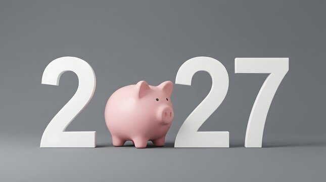 2027 Financial Goals and Retirement Planning Concept with a Pink Piggy Bank Representing the Number Zero in the Year 2027 Over a Neutral Grey Background for Savings and Investment Themes
