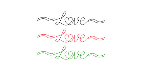 Three decorative love word typography art designs featuring continuous line heart and elegant curves. © Jpeg shop opened