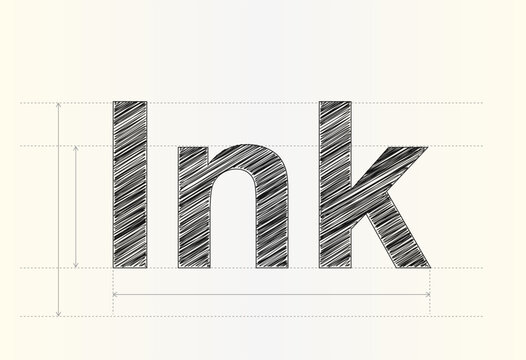 Minimalist word ink rendered in a artistic scribbled hatching technique with visible measurement guidelines for designers