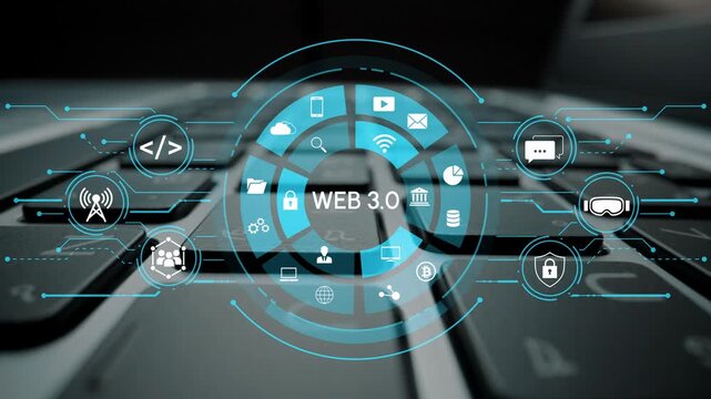 Digital Connectivity in Web 3.0 Era Featuring Futuristic Icons and Keyboard Background Emphasizing Technology Innovation and Online Interaction. Entropy.