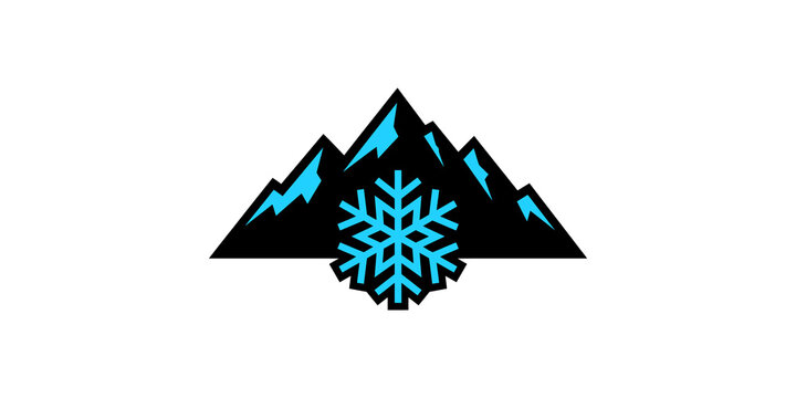 Mountain peaks icon with blue snowflake graphic element for winter sports apparel and outdoor adventure branding.