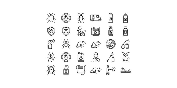 Pest control icon set featuring various insects mice and professional treatment equipment for extermination.