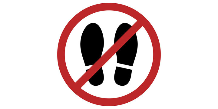 No footprints prohibition sign featuring red circle slash over black shoe tracks for restricted floor zones.