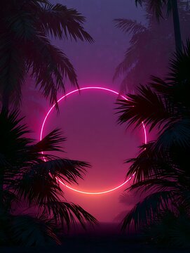 Cyberpunk Tropical Jungle with Neon Pink Glowing Circle Ring at Night