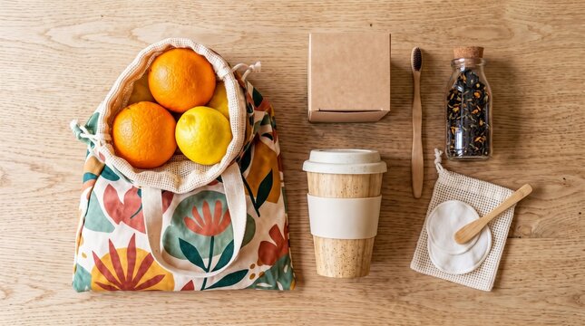 Flat lay of sustainable eco friendly zero waste lifestyle objects with fresh fruits in reusable bag, bamboo cup and natural cosmetic items on wooden background
