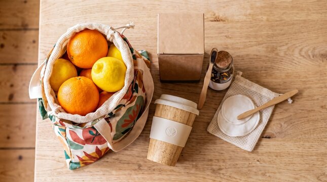 Top view of zero waste domestic essentials with reusable cloth bag full of fresh fruits, bamboo cup and sustainable personal care items on rustic wooden table