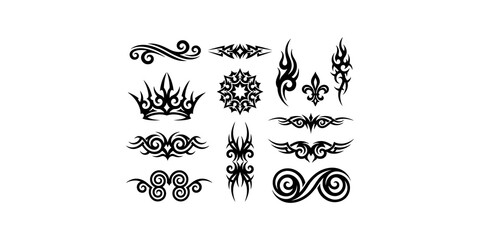 Collection of decorative black tribal tattoo elements featuring swirls crowns and ornate artistic symbols. © Jpeg shop opened