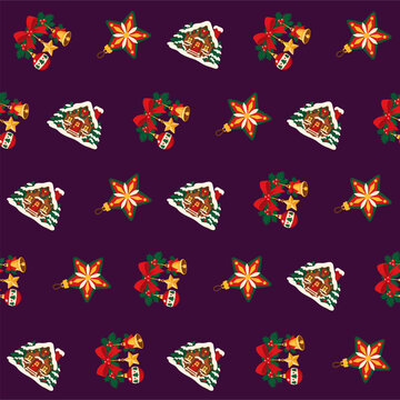 Seamless Christmas Pattern with Festive Holiday Ornaments Winter Houses and Bells on Purple Background