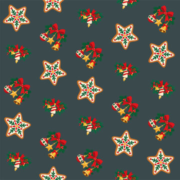 Festive Seamless Christmas Pattern with Gingerbread Stars, Golden Bells, and Holiday Ornaments
