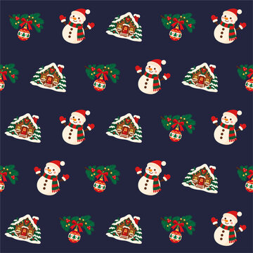Seamless Christmas Pattern Featuring Cute Snowmen, Snowy Winter Houses, and Festive Ornaments on Blue