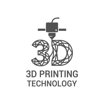 A modern logo design showcasing 3D printing technology, featuring stylized text and a 3D printer graphic, representing innovation and creativity in manufacturing processes.
