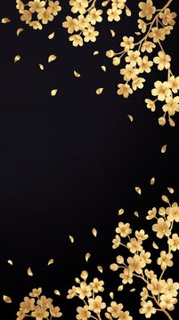 Premium golden sakura cherry blossom branches with falling petals framing a dark black background, elegant luxury spring and traditional Asian vertical greeting layout