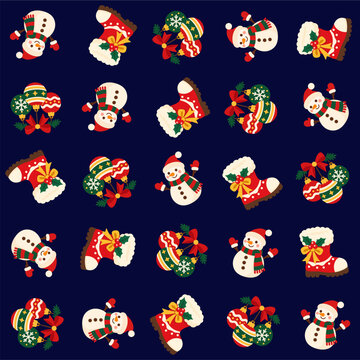 Seamless Christmas Pattern with Cute Snowman Santa Boot and Ornaments on Dark Blue Background