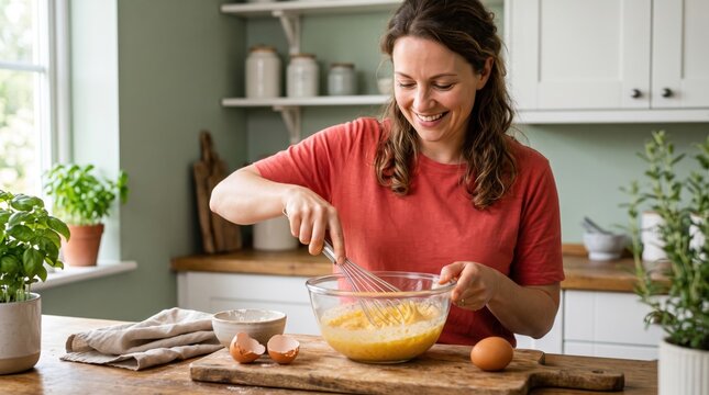 Woman in a red shirt whisking eggs in a glass bowl on a wooden cutting board in a light green kitchen with potted herbs and white cabinets