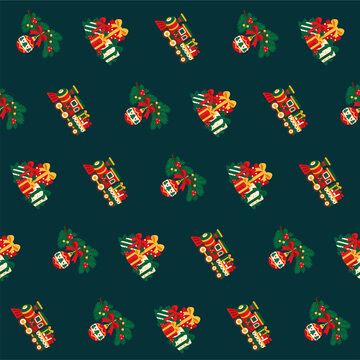 Christmas Seamless Pattern with Toy Trains Wrapped Gift Boxes and Festive Ornaments on Green Background