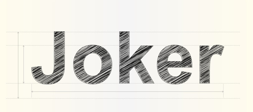 Joker stylized typography featuring hand drawn scribbled text effect with precise technical guidelines for artistic layout design
