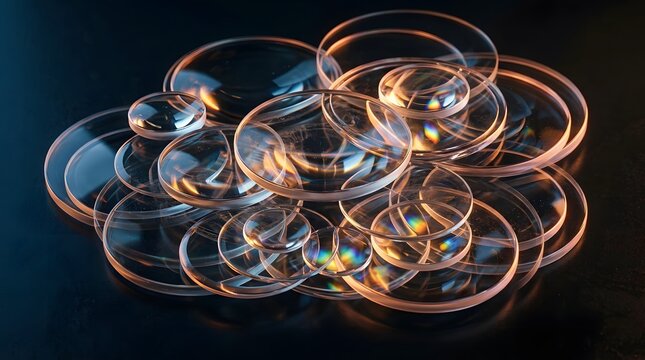 Glass optical lenses refracting light on a dark background for optometry and vision concepts