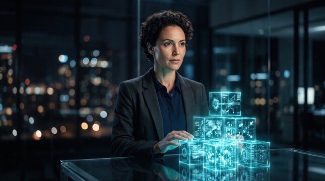 Woman in dark suit interacting with glowing cyan digital data cubes on a glass table in a dim office with blurred city lights in the background