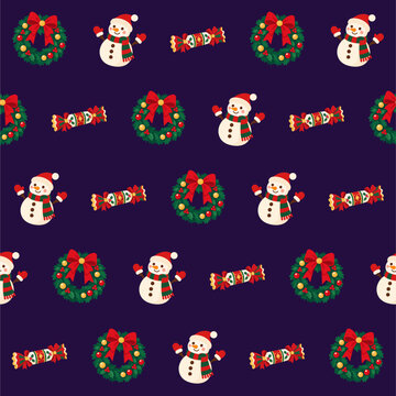 Cute Christmas Holiday Seamless Pattern with Snowman, Green Wreath and Festive Candy on Dark Purple Background
