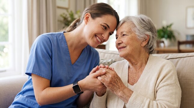 Young female nurse in blue scrubs holding hands with an elderly woman with grey hair sitting on a beige sofa in a bright living room setting