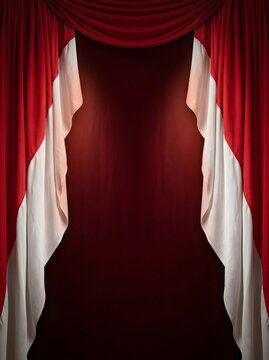 Elegant red and white drapes framing a dark spotlighted background, inspired by national red and white color schemes.