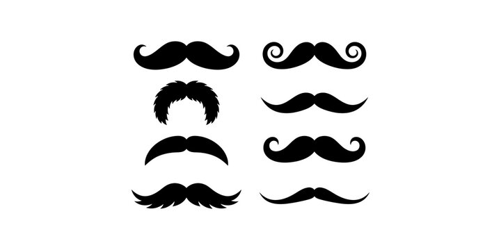 Mustache fashion icons set featuring black diverse facial hair styles for hipster grooming or retro beard design.