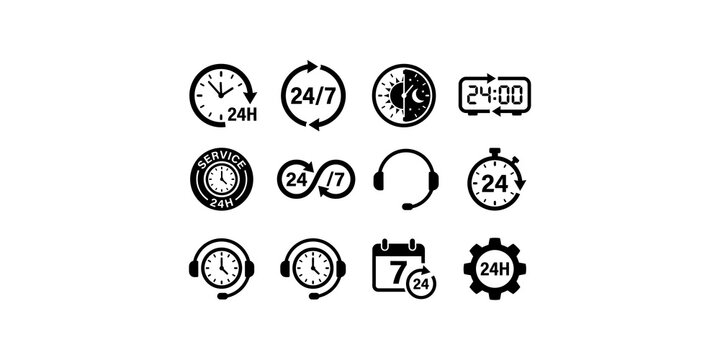 Set of black linear clock icons with twenty four hour symbols for business operations and customer service support.