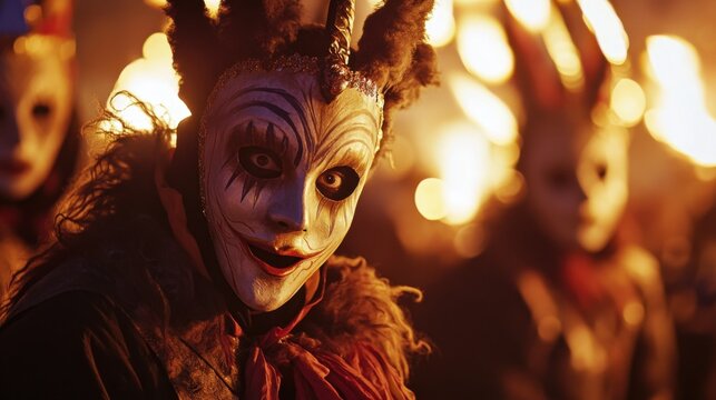 people wearing devil masks with lit torches in background