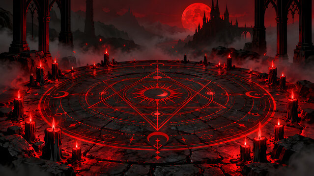 Occult Ritual Circle with Candles Under Blood Red Moon