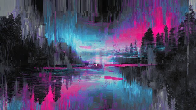 Abstract digital glitch art landscape background with neon pixel sorting
