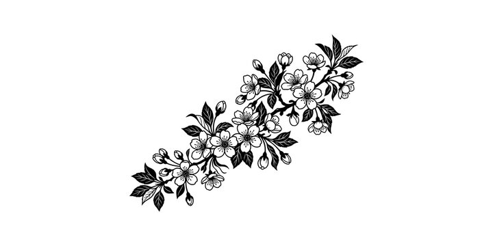 Floral branch design with blooming sakura cherry blossom flowers and leaves isolated on transparent background.