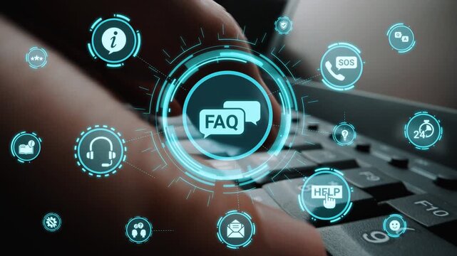 FAQ and online help icons show question, answer, and support system. FAQ improves online help experience, customer service quality, and FAQ knowledge access. Funnel